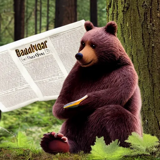 Image similar to UHD canndid photo of Yogi Bear squatting on a toilet in the woods, reading a newspaper, by Annie leibowitz, photorealisitc ,detailed