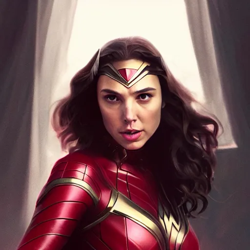 Image similar to a potrait of Gal Gadot as Scarlet witch by Greg Rutkowski, Sung Choi, Mitchell Mohrhauser, Maciej Kuciara, Johnson Ting, Maxim Verehin, Peter Konig, 8k photorealistic, cinematic lighting, HD, high details, dramatic, trending on artstation, full body shot