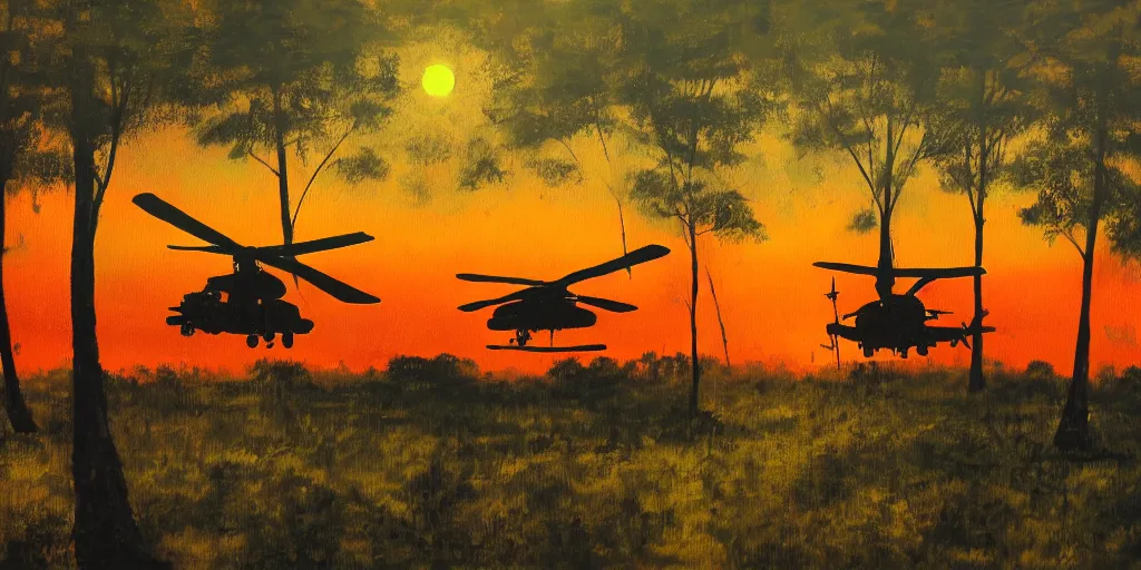 Image similar to Painting of vietnam Huey Helicopters, above a forest, orange sun set, abstract, realism, high details, glow, far, distance, over the horizon, drawn