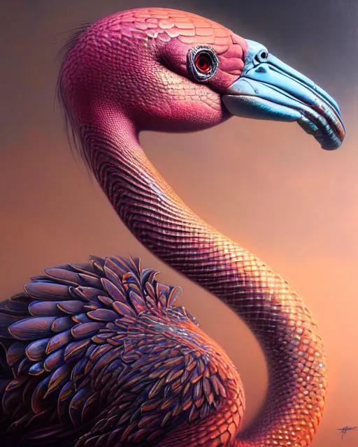 Image similar to a detailed portrait of dreampunk flamingo python hybrid mix by tomasz alen kopera and peter mohrbacher