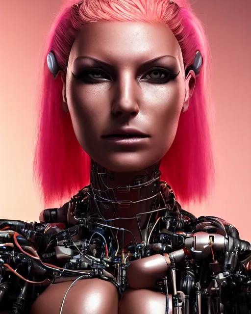 Image similar to portrait of a beautiful tanned woman with pink hair as a cyberpunk cyborg half robot, revealing wires and electronics, hooked - up, sci - fi, missing panels, intricate abstract upper body intricate artwork, concept art, octane render, deviantart, cinematic, key art, hyperrealism, iridescent accents, portrait photograph, nikon 3 5 mm, photograph by greg rutkowski