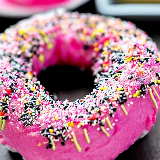 Image similar to a photo of a sushi doughnut with sprinkles and pink frosting