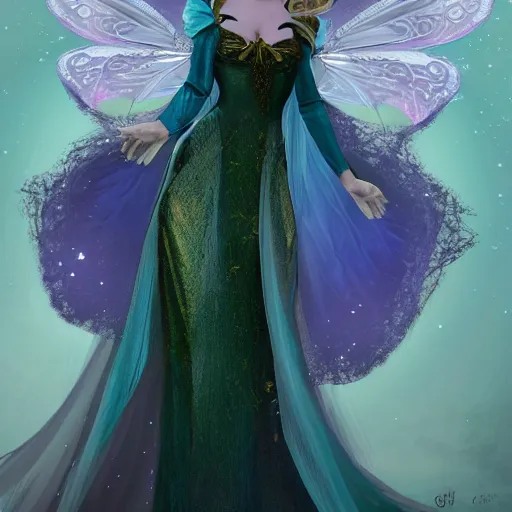 Image similar to a fairy queen with wings wearing a magic silk and lace robe with a hood, crown, pixie, iris, realism, emerald, galaxy, sapphire,blonde hair going down to the floor, moonlit, dark fantasy, dramatic lighting, cgsociety, artstation