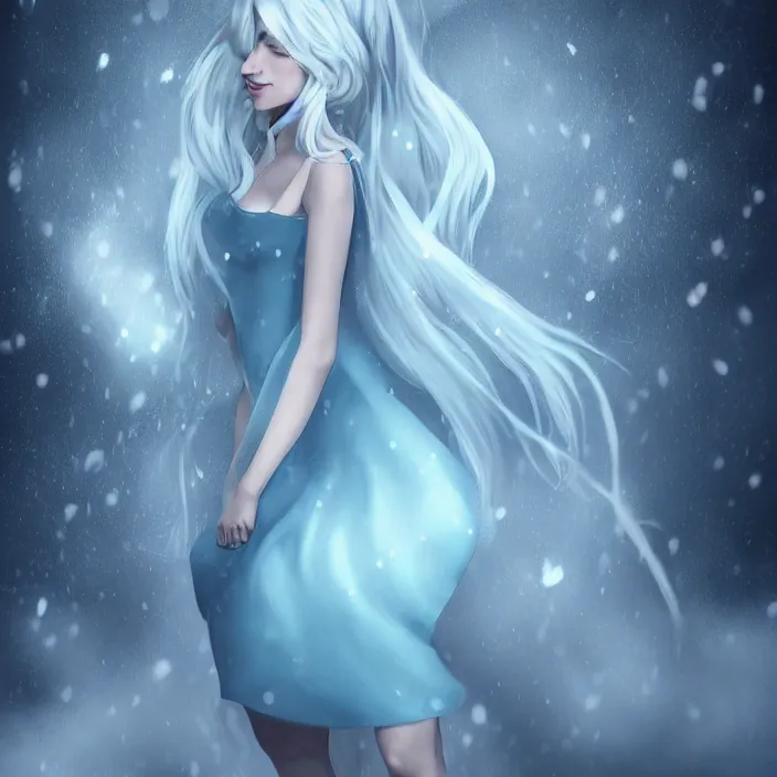 Image similar to full body portrait of a stunningly beautiful woman with pale blue hair wearing a dress made out of snowflake in the middle of a heavy snowstorm. award - winning digital art, trending on artstation