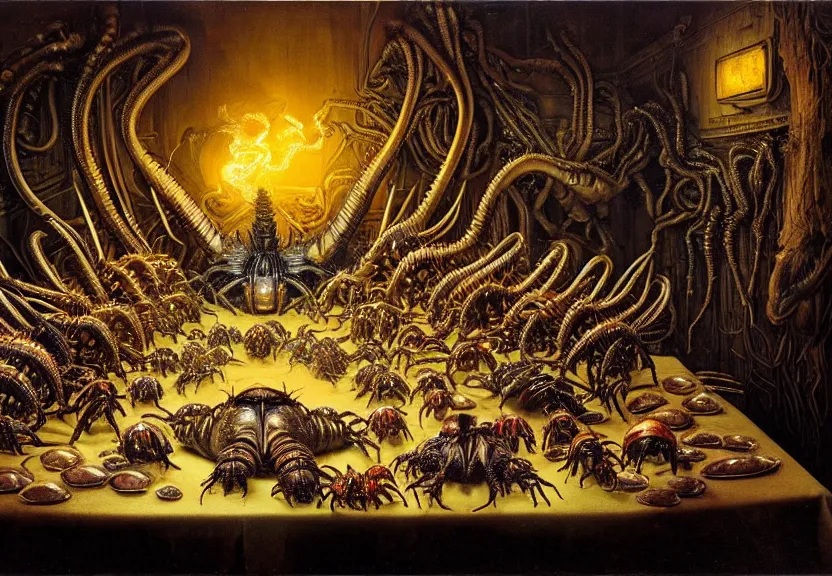 Prompt: an opulent banquet of food on a table covered with iridescent hissing cockroaches and huge spiky hermit crabs. magical glowing smoke drifts through the room. iridescent giger ’ s xenomorph. the thing. the blob. movie monsters. reclaimed lumber, detailed and intricate environment, hyperrealism, food photography, rembrandt