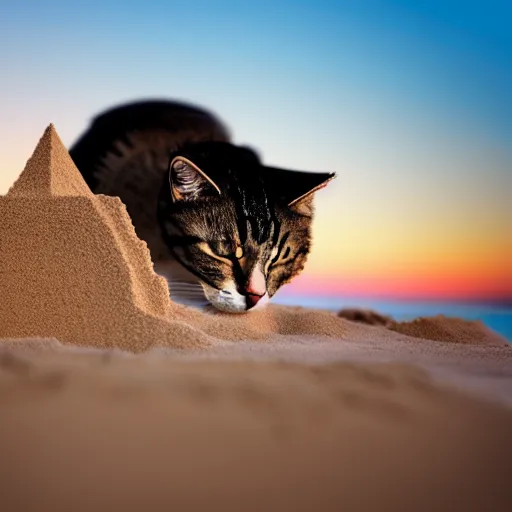 Image similar to photo of a cat building a sandcastle on a beach, photorealistic, 8 k photo, golden hour, award winning