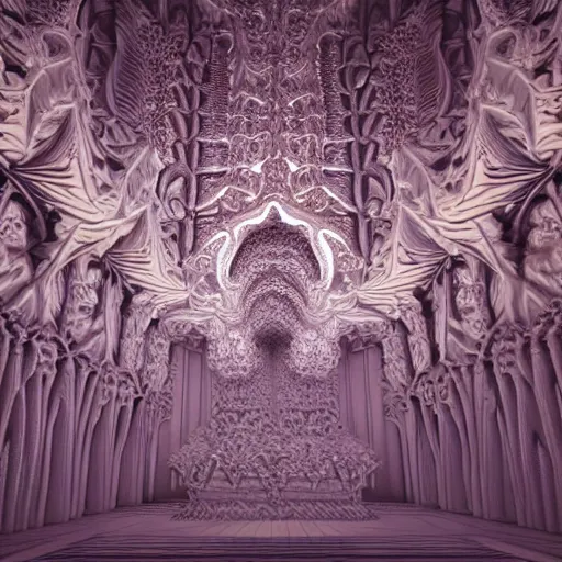 Prompt: hyperrealistic 3 d render of a massive fractal cathedral interior populated by mandelbrot fractals, unreal engine, carved ivory, octane render, volumetric lighting, hyperrealism, shocking, glowing, carved marble, opalescent, carved soap, neon, sacred geometry, angelic, catholicpunk, photorealism, 8 k, trending on artstation