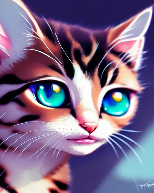 Prompt: hyper - realistic portrait of a very cute kitten, big eyes, looking into the camera, gta v cover art, celshading, sharp focus, intricate, detailed, rhads, andreas rocha, makoto shinkai, lois van baarle, ilya kuvshinov, greg rutkowski, dynamic lighting, grunge aesthetic, 4 k