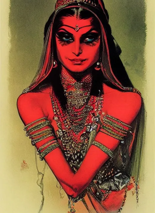 Prompt: portrait of indian vampiress, jeweled veil, strong line, bright vibrant color, beautiful! coherent! by frank frazetta, high contrast, minimalism