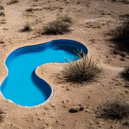 Prompt: quiet still pool, oasis in cleft of rock overlooking sandy desert spotted with dead dead trees