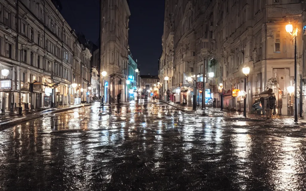 Prompt: wet helsinki street at night, in the style of grand theft auto gameplay