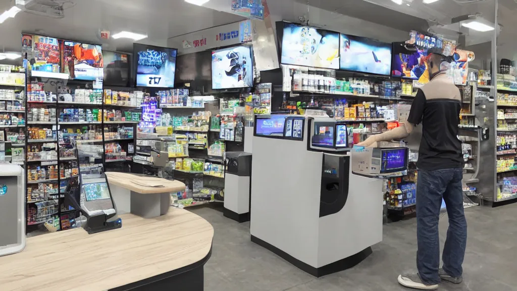 Image similar to cloudpunk unilateral convenience store robo - cashier