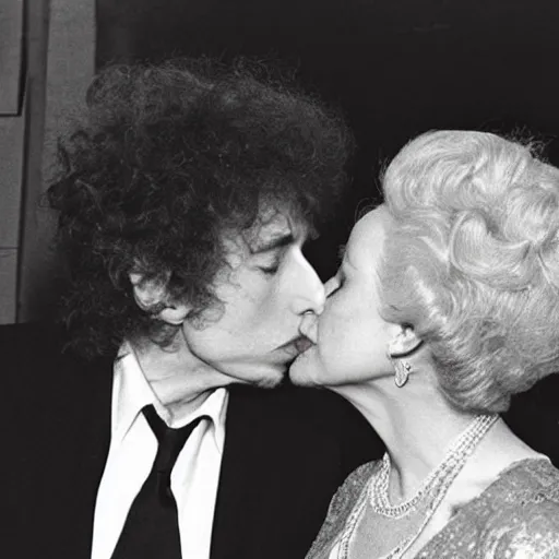 Image similar to bob dylan kissing the queen