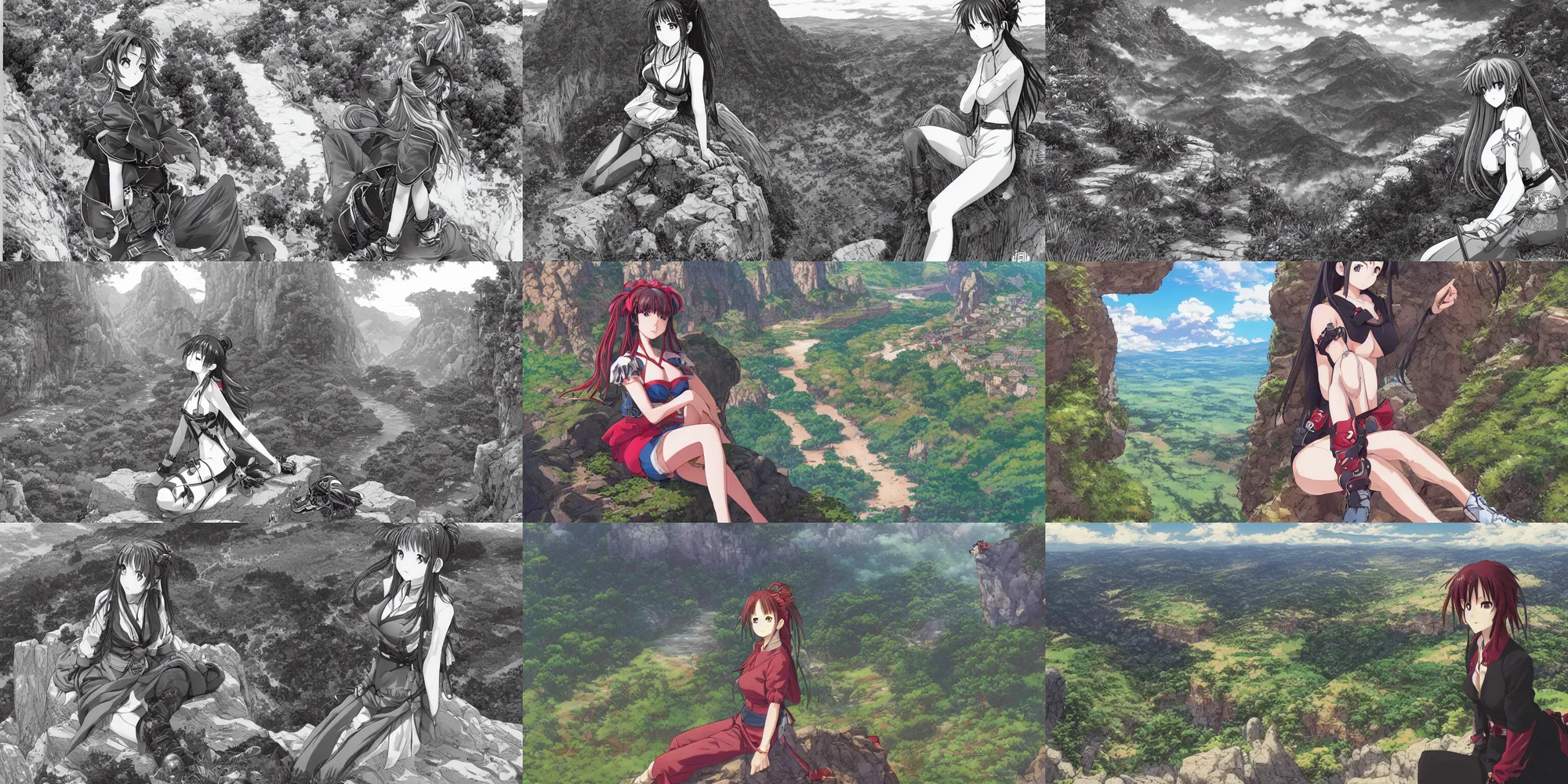 Prompt: alluring highly detailed manga line art wide-angle portrait of (1) Misato from Evangellion sitting on the edge of a cliff overlooking a fantasy valley, very detailed, realistic