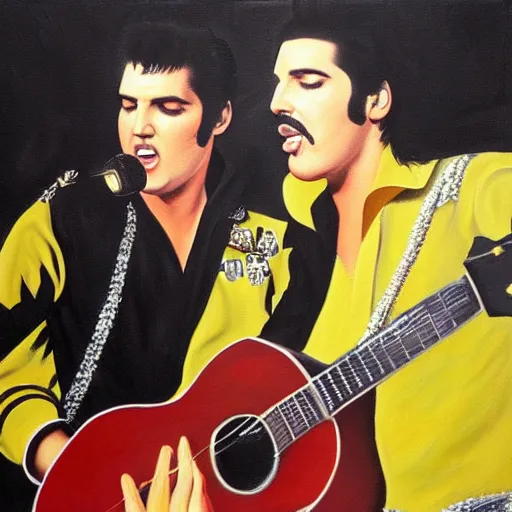 Image similar to elvis presley and freddie mercury singing together, oil painting, trending on art station, 8 k