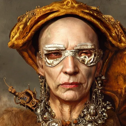 Prompt: portrait, headshot, digital painting, of a old 17th century, old cyborg female merchant, amber jewels, baroque, ornate clothing, scifi, realistic, hyperdetailed, chiaroscuro, concept art, art by Franz Hals and Jon Foster