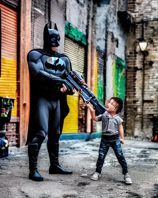 Image similar to happy batman firing super soaker water gun at playful criminals in an alleyway, product advertisement, photogenic photograph