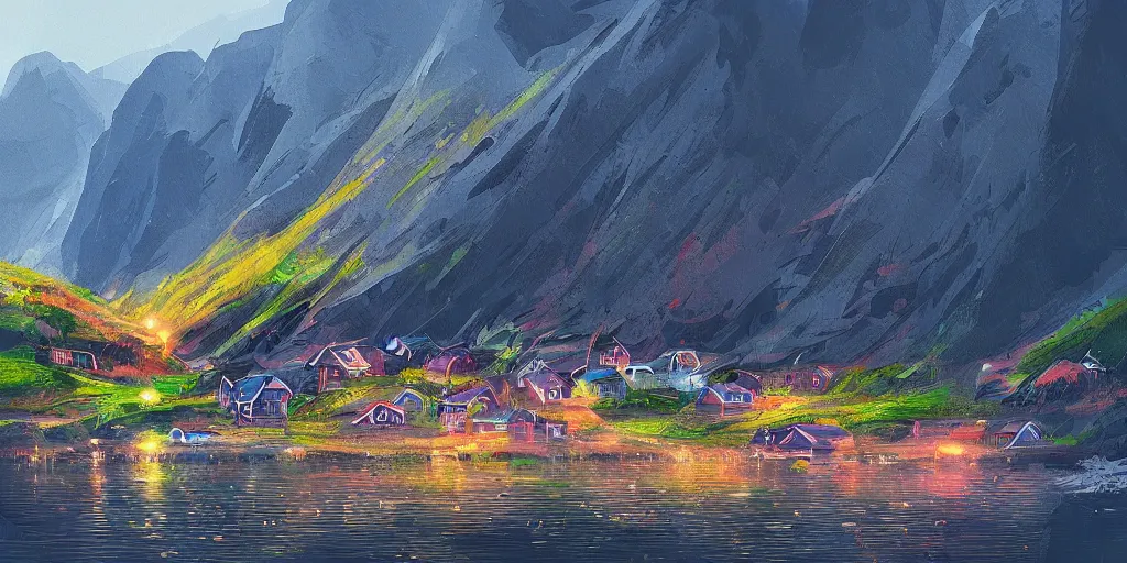 Image similar to a small fishing village nestled in the fjords of norway by alena aenami, petros afshar speedart