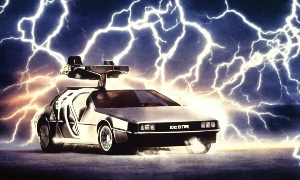 Image similar to scene from back to the future, delorean driving fast, lightning, fire, driving through portal