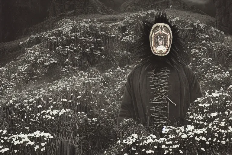 Prompt: portrait of a tyrolean folklore mask, in the alpine forest, dark, eerie , wearing hay coat, with horns, eerie, flowers growing out of his body, dolomites in the background, detailed intricate insanely detailed octane render, 8k, artistic 1920s photography, vintage photo, black and white, photorealistic, chiaroscuro, by David Cronenberg, Raphael, Caravaggio