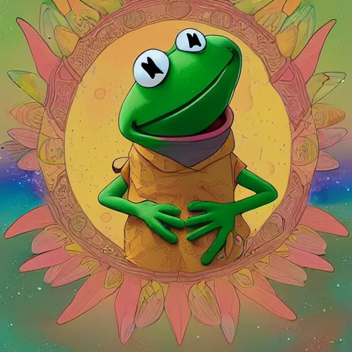 Prompt: kermit the frog by takashi murakami,, beeple and james jean, aya takano color style, 4 k, super detailed, night sky, digital art, digital painting, celestial, majestic, colorful