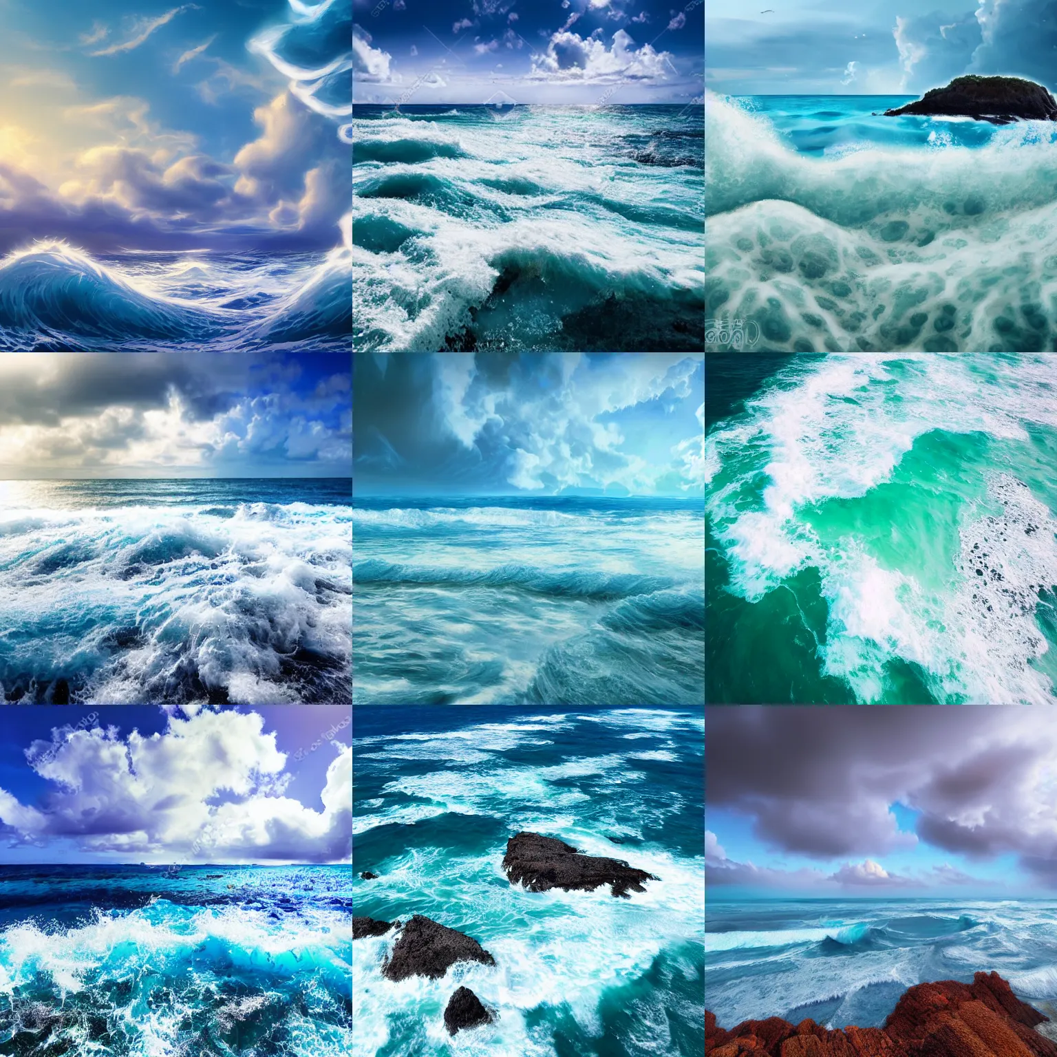 Prompt: archipelago with blue sea, foamy waves, breathtaking clouds, intricate detail, 8k, beautiful atmosphere, anime