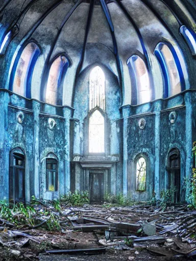 Image similar to interior of an abandoned, overgrown church, blue color palette, photo, digital art, detailed, intricate complexity, artstation