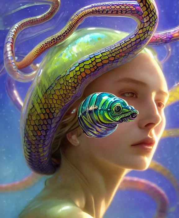 Image similar to intricate colorful transparent portrait of a disturbing beautiful alien snake creature, mottled coloring, adorable, childlike, underwater environment, ultra realistic, concept art, art nouveau, photorealistic, octane render, 8 k, unreal engine. art by christopher marley and artgerm and greg rutkowski and alphonse mucha