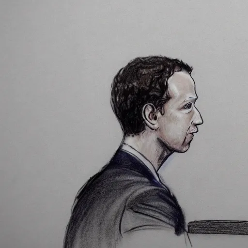 Image similar to courtroom sketch of mark zuckerburg being found guilty of crimes against humanity, courtroom sketch, pencil sketch