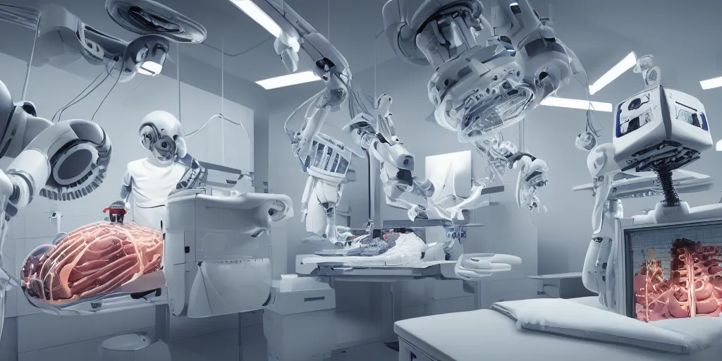 Image similar to an organ transplant in an operating room with robotic surgeons , photorealistic,by Wlop,4k resolution