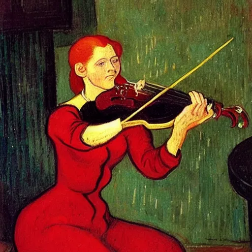Prompt: woman with red hair red dress at the center of the stage playing redwood violin, artistic, renaissance, soft, detailed, vincent van gogh, greg rutowski, michaelangelo, artwork of the century, precision