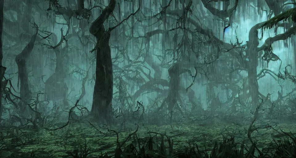 Image similar to A dense and dark enchanted forest with a swamp, from FF7