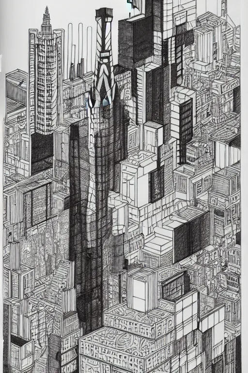 Prompt: a black and white drawing of a building, cityscape, a detailed mixed media collage by hiroki tsukuda and eduardo paolozzi and moebius, intricate linework, sketchbook psychedelic doodle comic drawing, geometric, street art, polycount, deconstructivism, matte drawing, academic art, constructivism