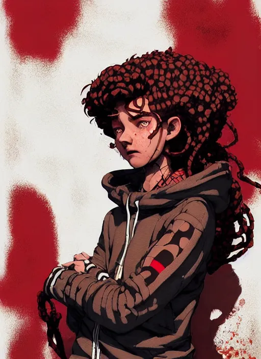 Image similar to highly detailed portrait of a sewer spiderman, tartan hoody, ringlet hair by atey ghailan, by greg rutkowski, by greg tocchini, by james gilleard, by joe fenton, by kaethe butcher, gradient red, brown, cream and white color scheme, grunge aesthetic!!! ( ( graffiti tag wall background ) )