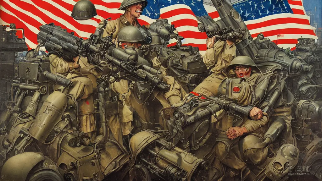 Image similar to American battle mechs of WWII in the style of Norman Rockwell, sci-fi illustrations, propaganda poster, highly detailed, intricate, photorealistic, award-winning, patriotic, american, dark, gritty, oil painting