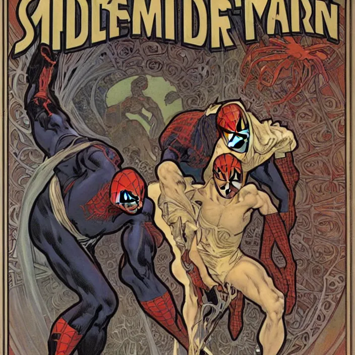 Prompt: A cover of Spider-man, full-length, very detailed, painted by Alphonse Mucha.