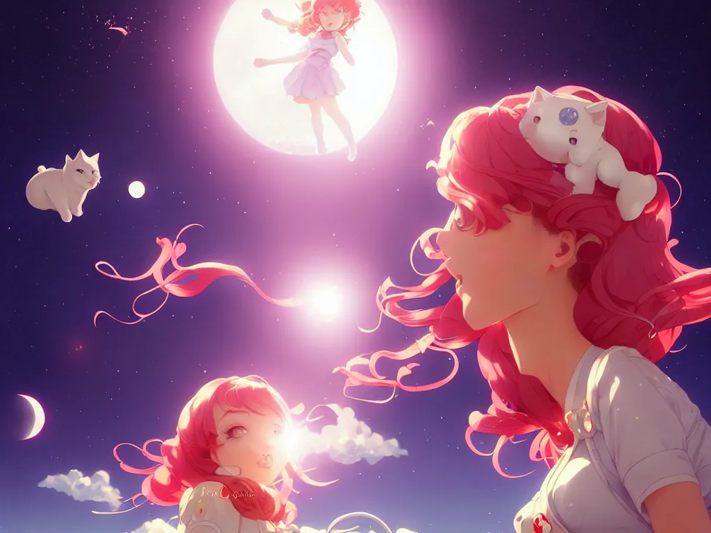 Image similar to bubbly lovely hopefully magical girl flying to the sun set with her kitty, occlusion shadow, specular reflection, rim light, unreal engine, artgerm, artstation, art by hiroaki samura and ilya kuvshinov and ossdraws, high quality, intricate detailed 8 k, fantasy illustration, extremely beautiful and aesthetic shape of face and body, movie poster