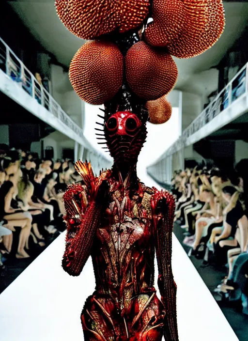 Image similar to walking down the catwalk, steven klein, show, stage, vogue photo, podium, fashion show photo, iris van herpen, beautiful woman, full body shot, helmet on face, masterpiece, plant predator, guyver, jellyfish, biomechanical details, movie still, fauvism, cinestill, bokeh, gelios lens