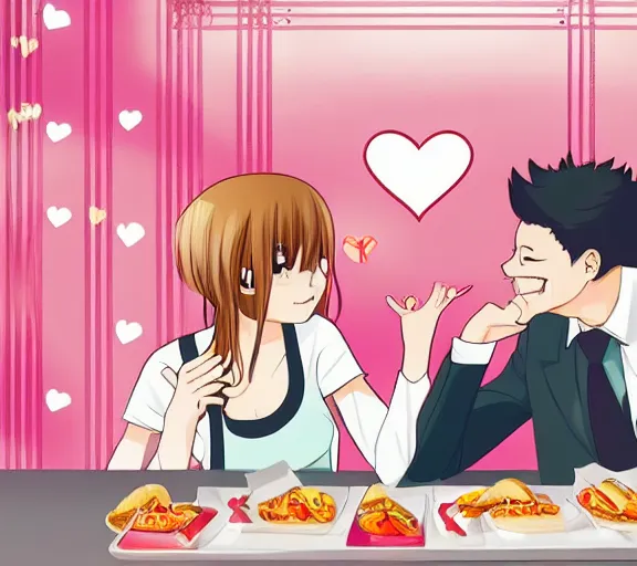 Image similar to A girl and her boyfriend are eating at a fast food restaurant, there are pink hearts around their heads, anime art, hd, smooth, elegant