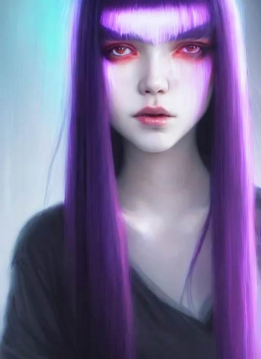 Image similar to hair whitebangs hair, portrait of teenage girl with white bangs, red irises, black hair, purple clothes, white bangs, bangs are different color from hair, intricate, elegant, glowing lights, highly detailed, digital painting, artstation, concept art, smooth, sharp focus, illustration, art by wlop, mars ravelo and greg rutkowski
