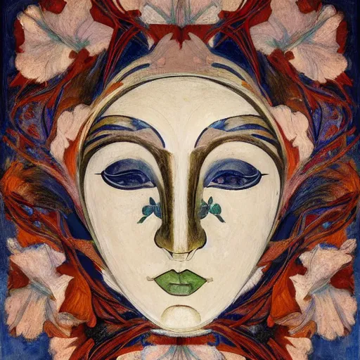 Image similar to masterpiece painting of a facemask made of stylized flowers, by annie swynnerton and jean delville and tino rodriguez and john watkiss, flower mask, art deco shaman, art brut, symbolist, dramatic lighting, god rays, elaborate geometric ornament, modern realism, clean crisp graphics, soft cool colors, smooth, sharp focus, extremely detailed