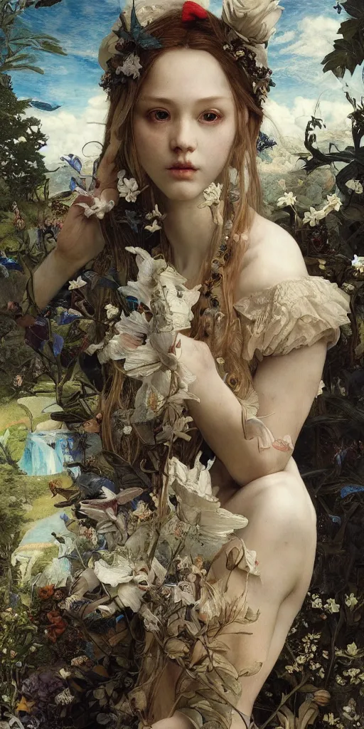 Prompt: masterpiece alice in wonderland, masterpiece by Edgar Maxence and Ross Tran and Michael Whelan and Caravaggio artistic, intricate drawing, realistic fantasy, extremely detailed and beautiful aesthetic celtic face, establishing shot, 8k resolution, dramatic lighting,