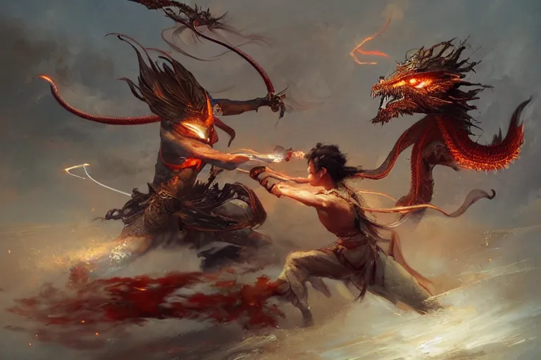 Prompt: A beautiful oil painting of Nezha fighting a Chinese dragon, by Greg Rutkowski, high fantasy, Exquisite detail, post-processing, low angle, masterpiece, cinematic