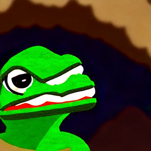 Image similar to dinosaur pepe in a cave