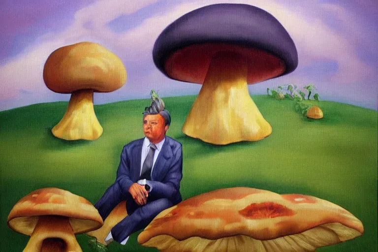 Prompt: sad orban viktor sitting under a big mushroom, surreal oil painting