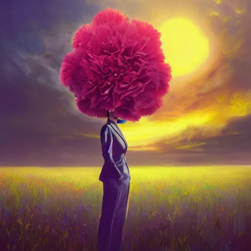 Image similar to giant carnation flower head, frontal, girl in a suit, surreal photography, sunrise, dramatic light, impressionist painting, digital painting, artstation, simon stalenhag