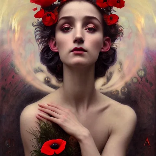 Image similar to poppy goddess unique non conventional beauty, surreal, fantasy, intricate, elegant, dramatic lighting, emotionally evoking symbolic metaphor, highly detailed, lifelike, photorealistic, digital painting, artstation, concept art, smooth, sharp focus, illustration, art by John Collier and Krenz Cushart and Artem Demura and Alphonse Mucha and Albert Aublet