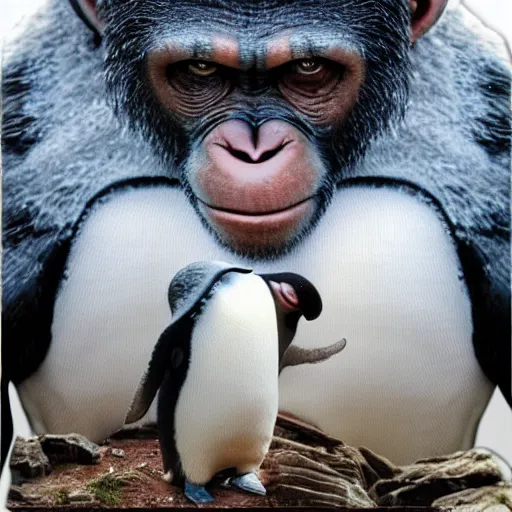 Image similar to planet of the apes but the apes are replaced with robot penguins 4k realistic intricate