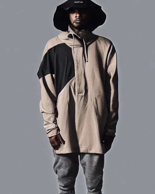 Image similar to Yeezy designed bucket hat, model, studio photography, clothing drop, unreleased, Yzy, YZY GAP, Balenciaga, minimalist, dystopian feel