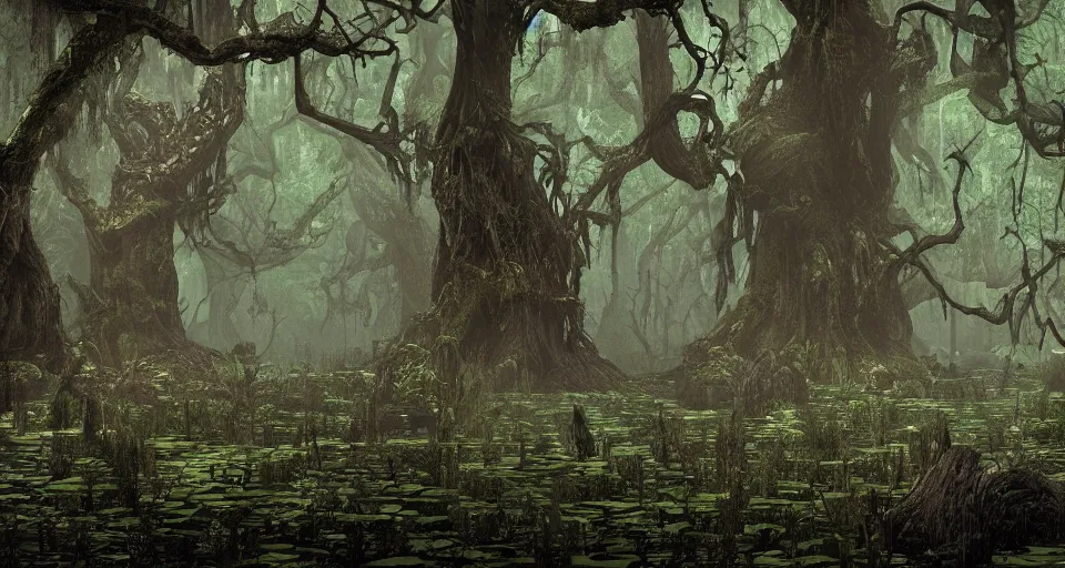 Image similar to A dense and dark enchanted forest with a swamp, from Final fantasy